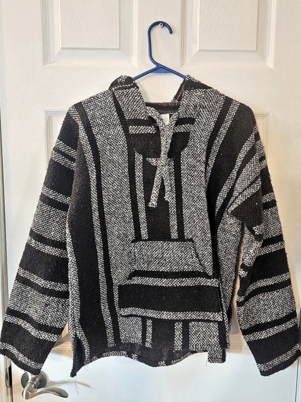 Sandy Mexican Baja Hoodie Striped Sweater Black & White Medium